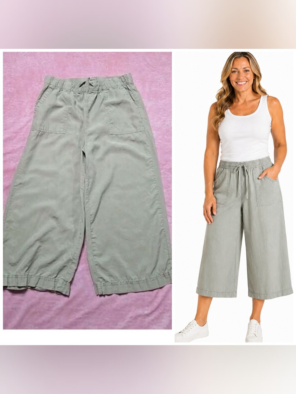 TS by Thread & Supply Olive Pull-On Wide-Leg Cropped Pants Size Large 32x22